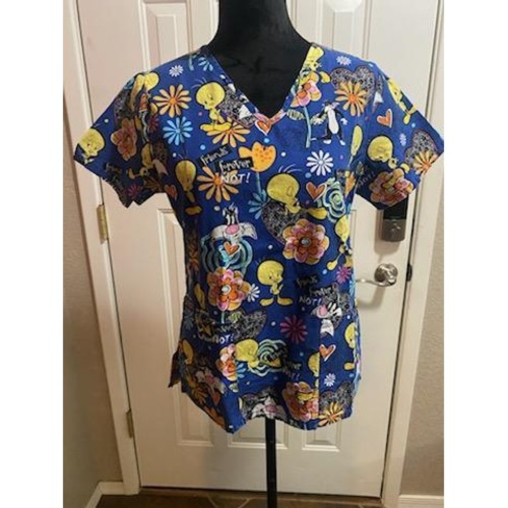 Looney Tunes Tweety Bird Sylvester Scrub Top Blue XS V-Neck Cartoon Print